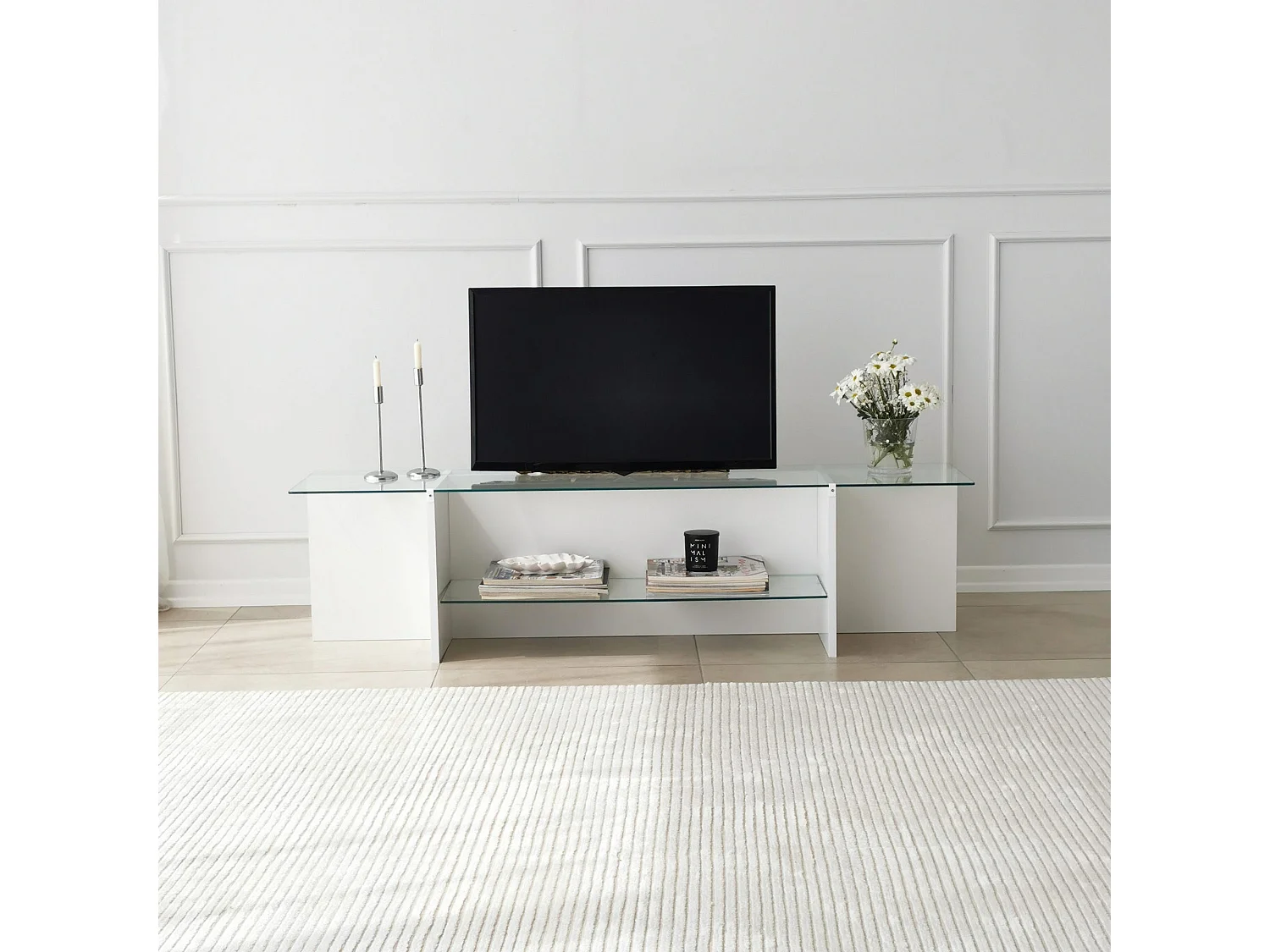Meuble TV Melar L158cm Bois Blanc et Verre Transparent