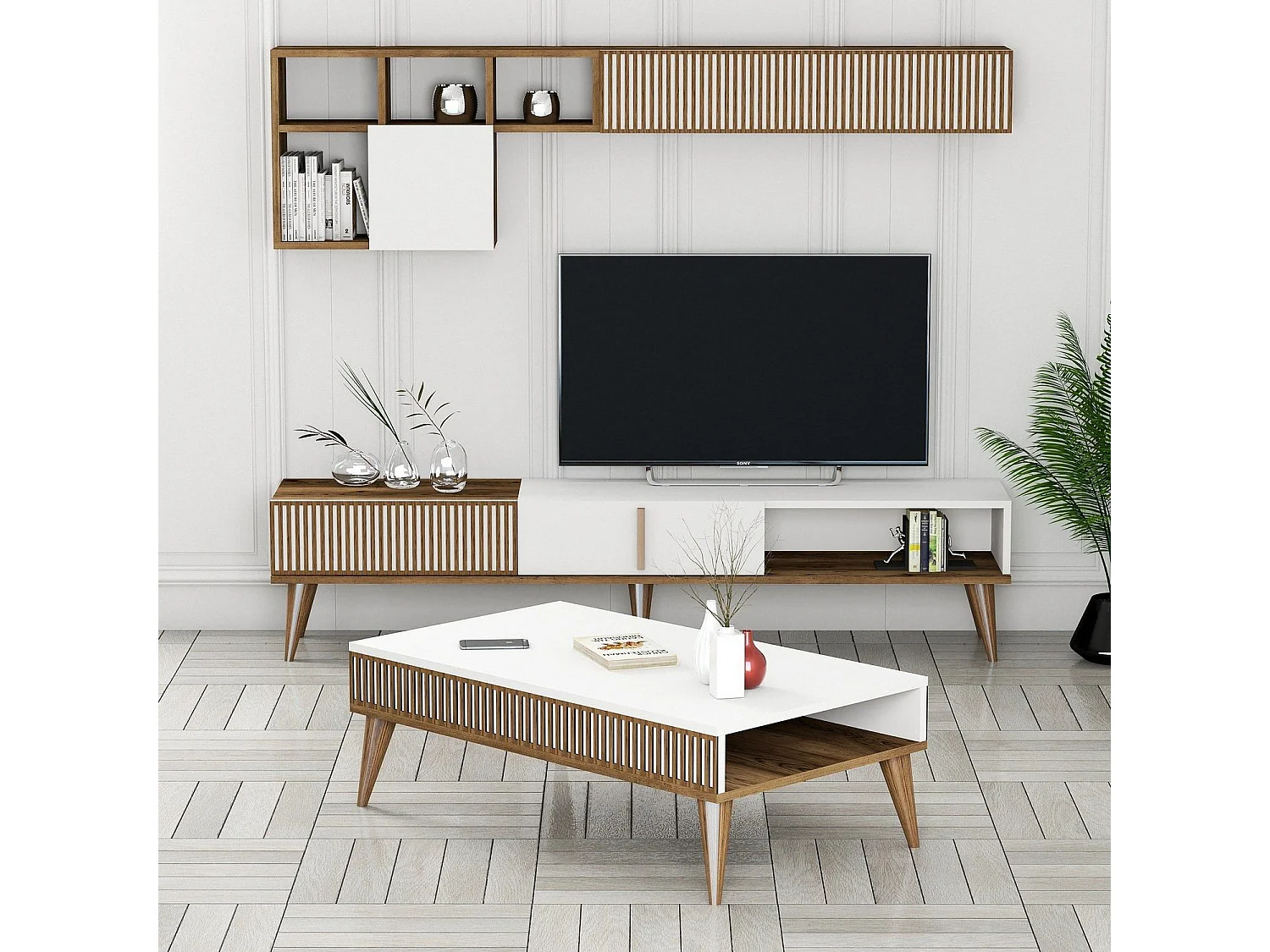Ensemble meuble Tv, table basse et étagère murale design Ribera Bois clair et Blanc