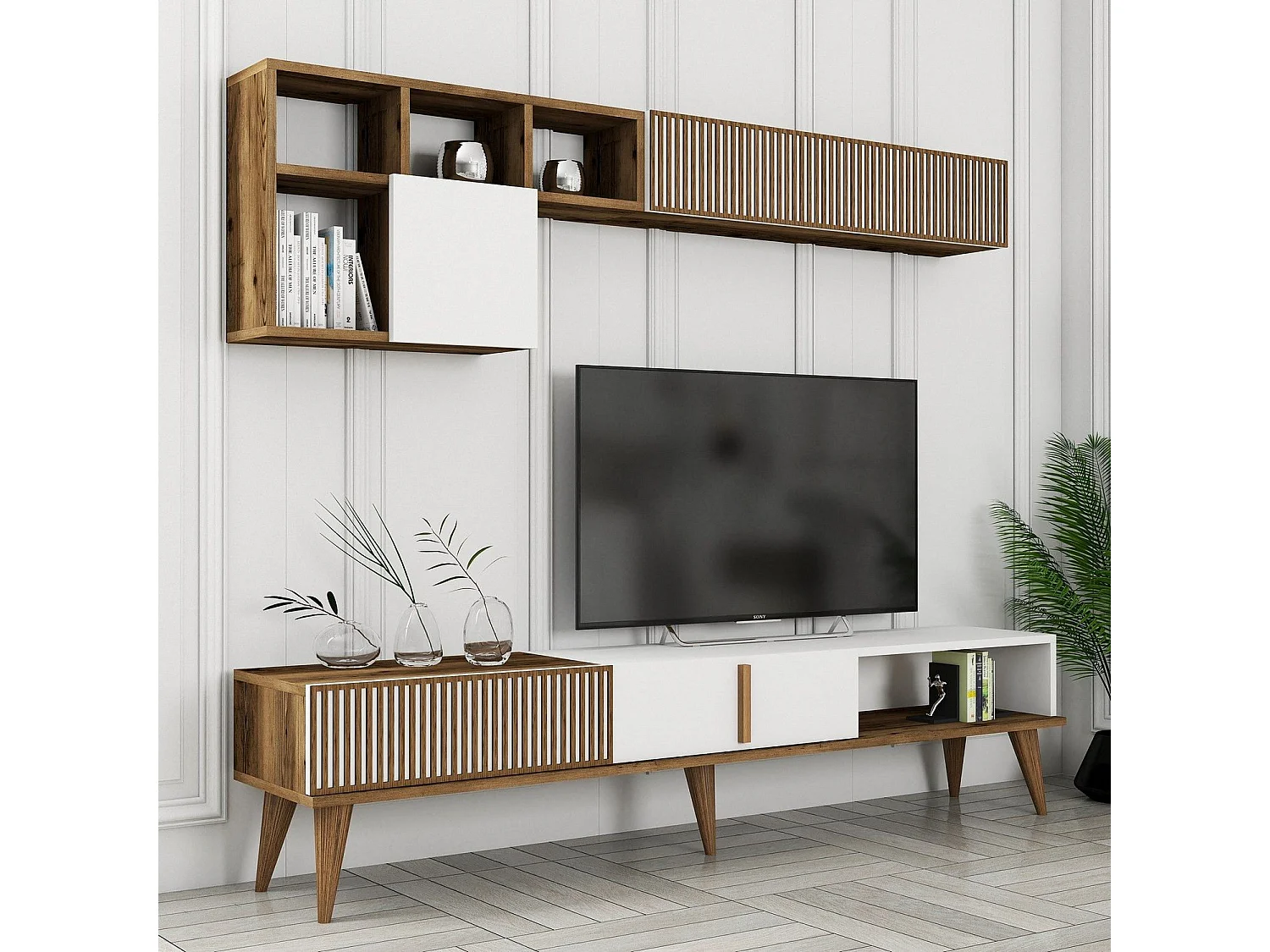 Ensemble meuble Tv, table basse et étagère murale design Ribera Bois clair et Blanc