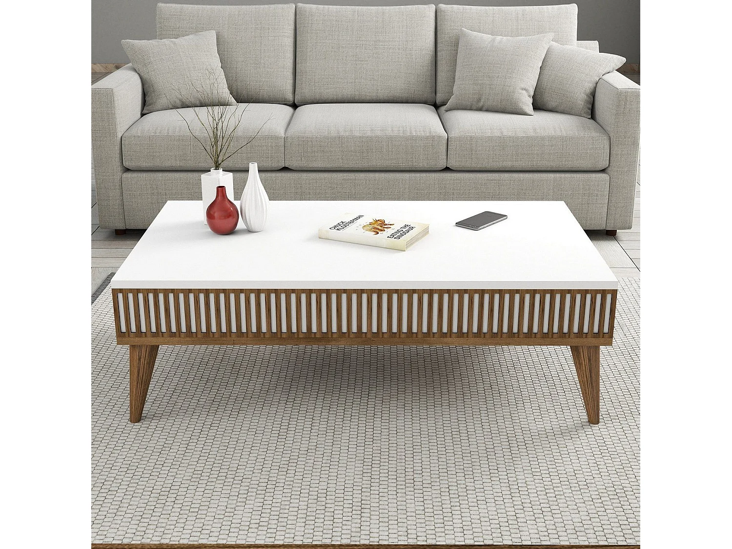 Ensemble meuble Tv, table basse et étagère murale design Ribera Bois clair et Blanc