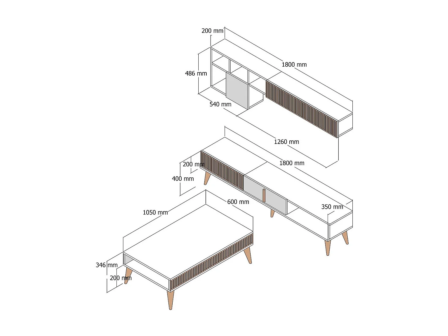Ensemble meuble Tv, table basse et étagère murale design Ribera Bois clair et Blanc