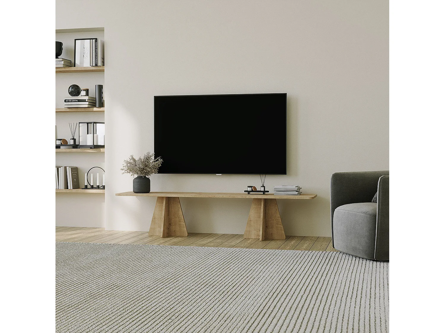 Meuble TV moderne Ralio L180cm Chêne clair