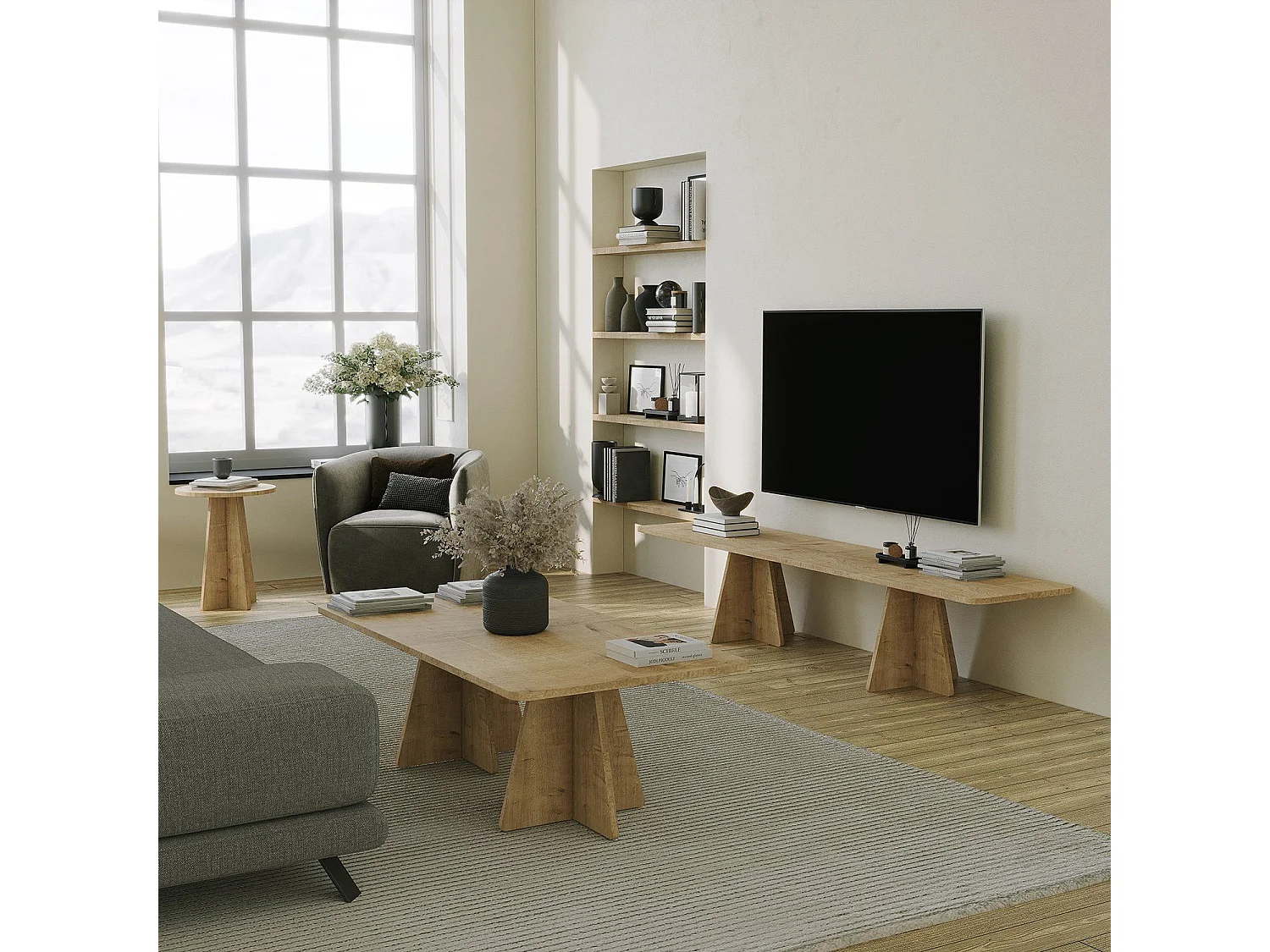 Meuble TV moderne Ralio L180cm Chêne clair