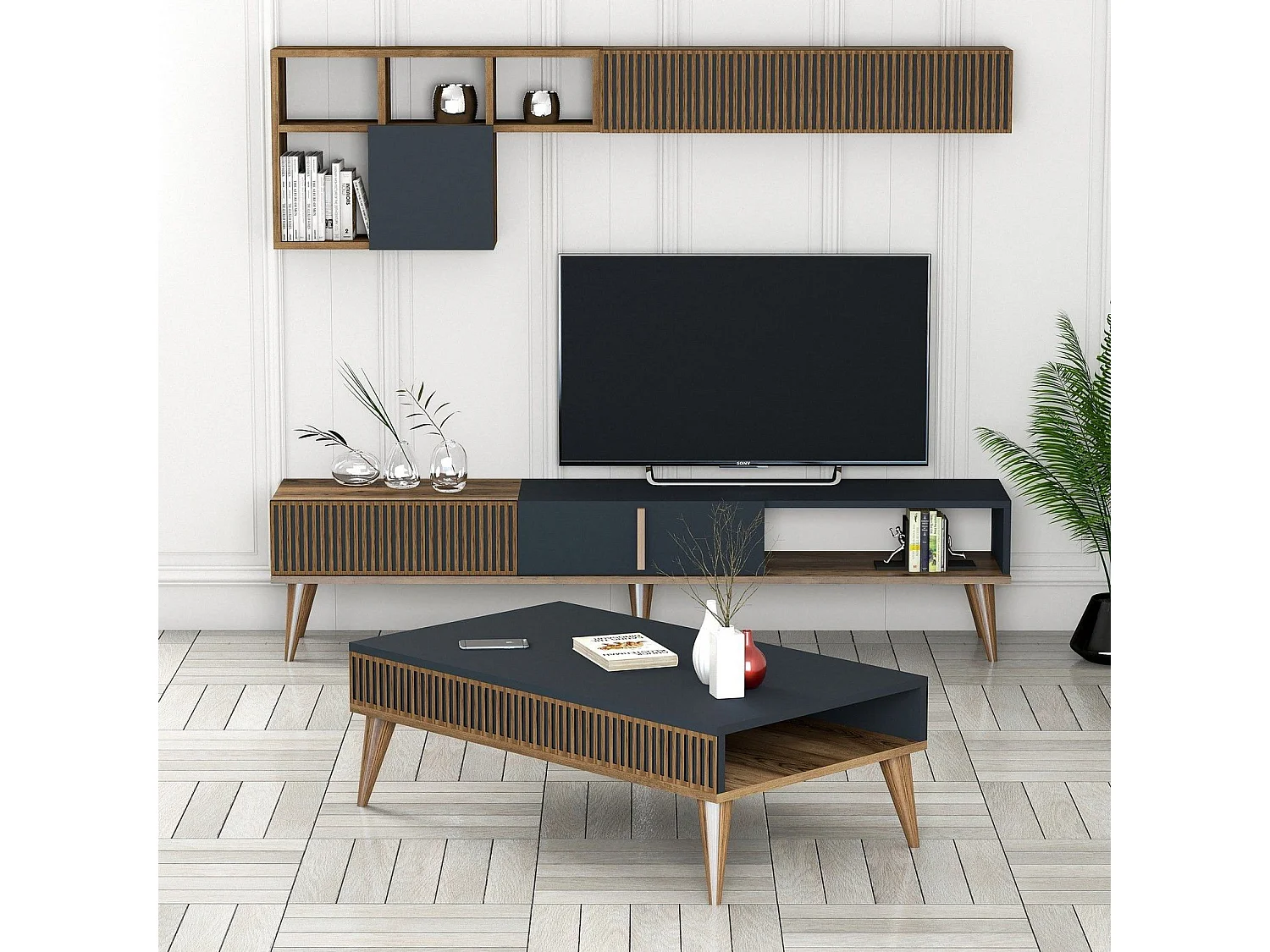 Ensemble meuble Tv, table basse et étagère murale design Ribera Bois foncé et Anthracite