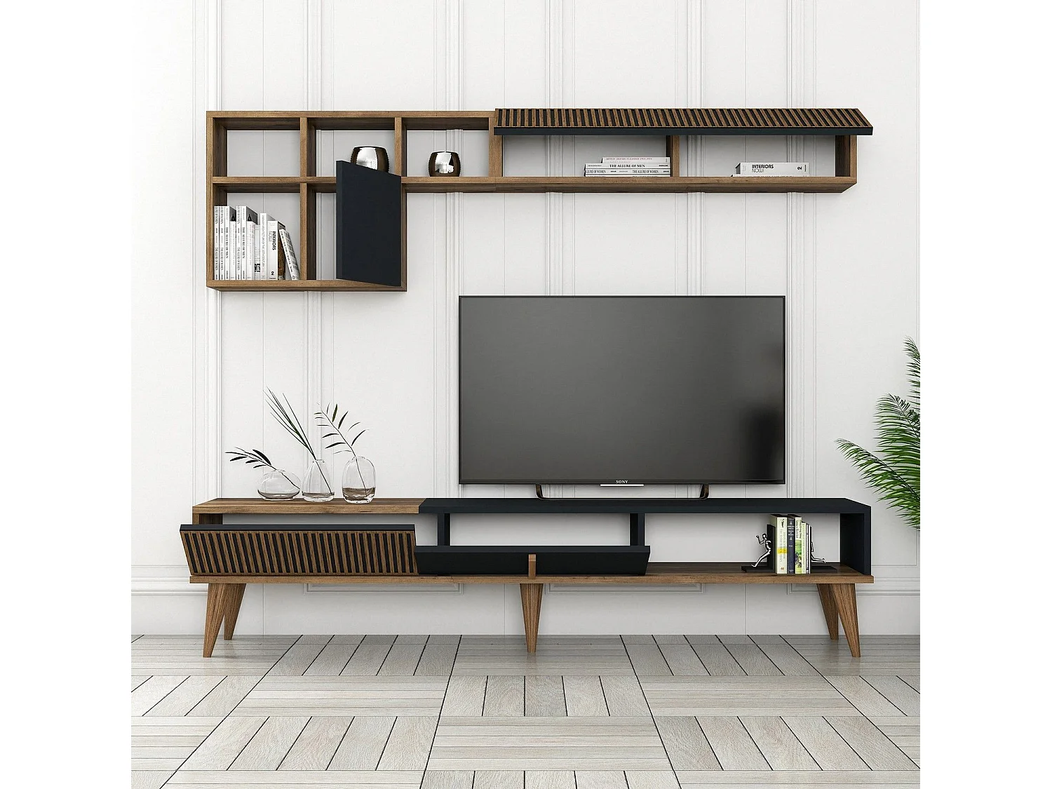 Ensemble meuble Tv, table basse et étagère murale design Ribera Bois foncé et Anthracite