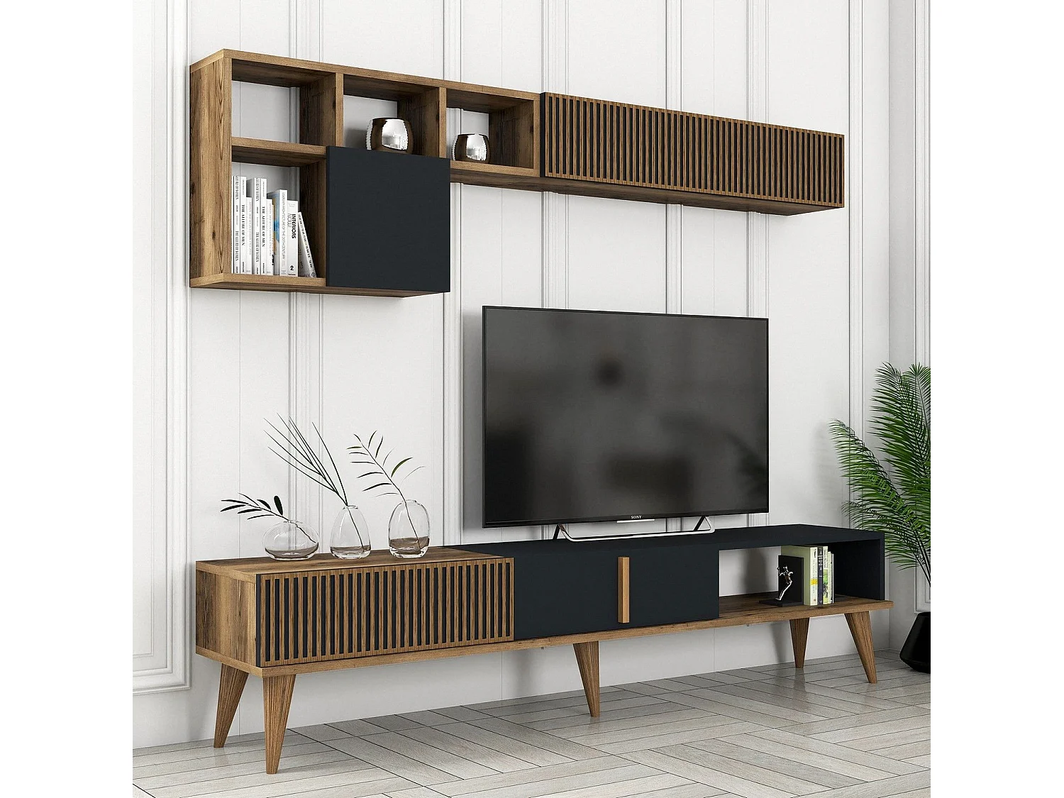 Ensemble meuble Tv, table basse et étagère murale design Ribera Bois foncé et Anthracite