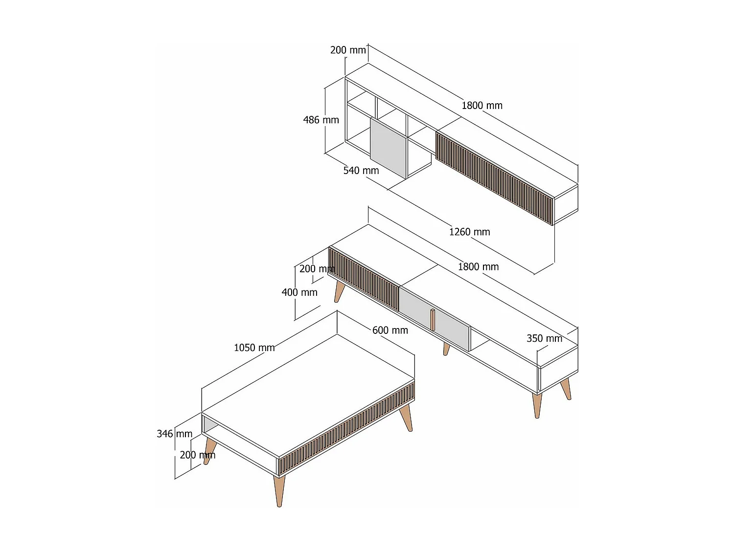 Ensemble meuble Tv, table basse et étagère murale design Ribera Bois foncé et Anthracite