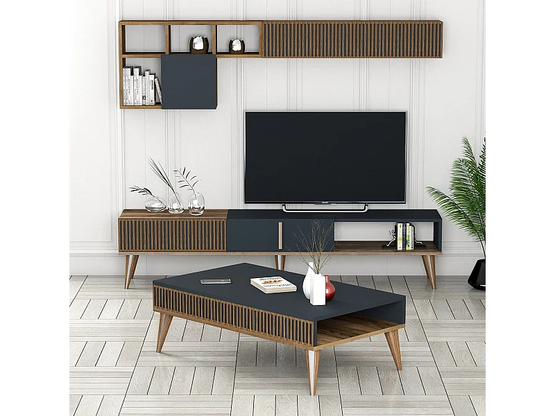 Ensemble meuble Tv, table basse et étagère murale design Ribera Bois foncé et Anthracite