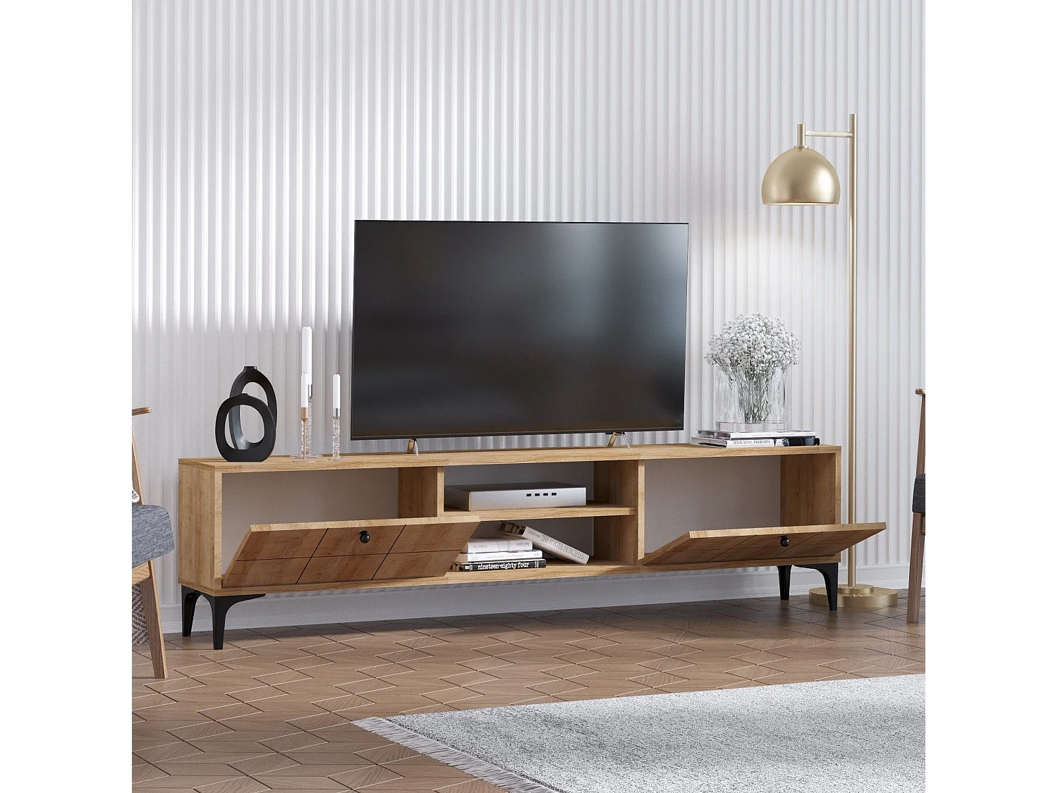 Móvel de TV moderno – 180 cm – Carvalho – Painéis de partículas revestidos em melamina