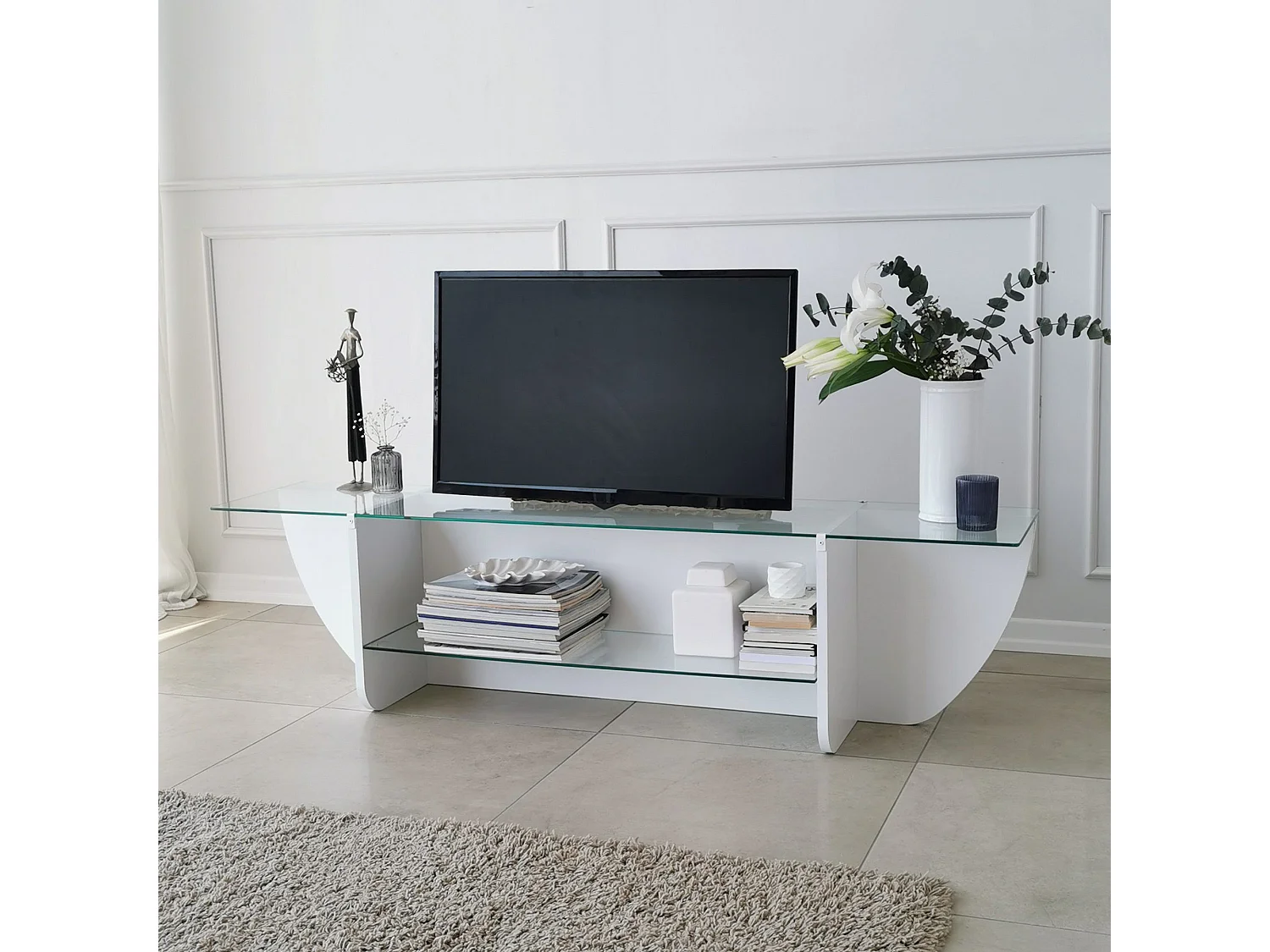 Meuble TV Sunac L158cm Verre Transparent et Bois Blanc