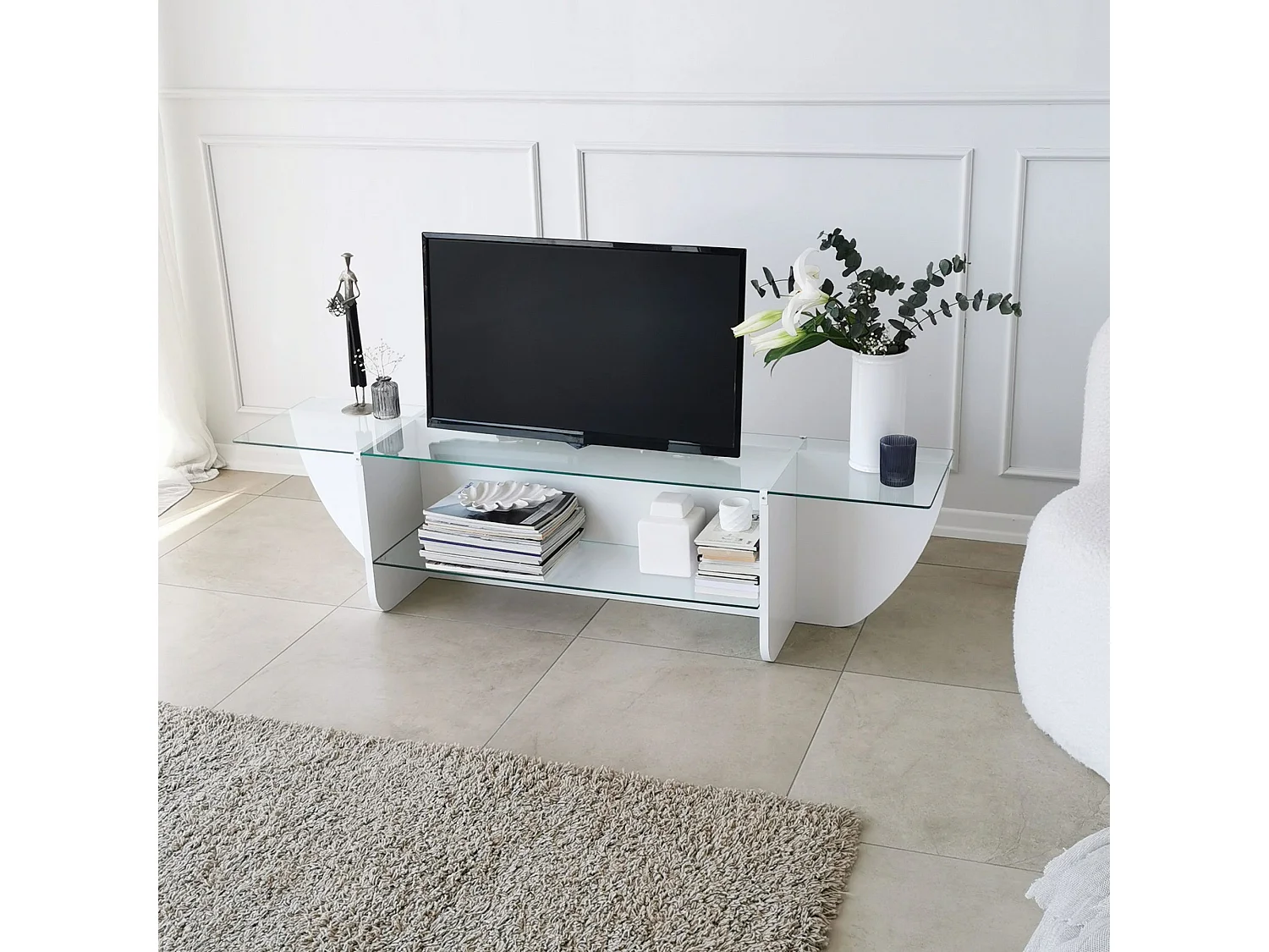 Meuble TV Sunac L158cm Verre Transparent et Bois Blanc