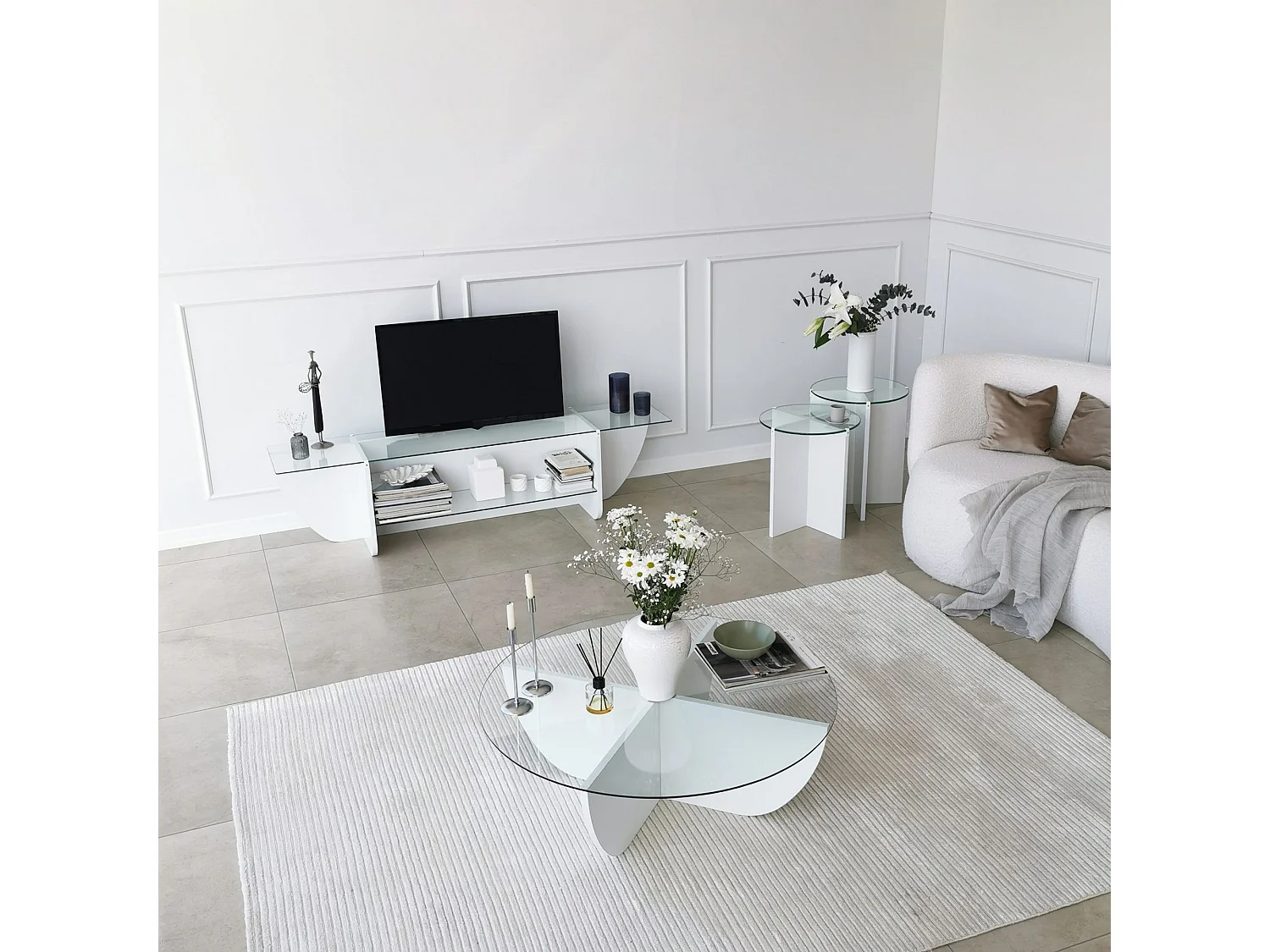 Meuble TV Sunac L158cm Verre Transparent et Bois Blanc