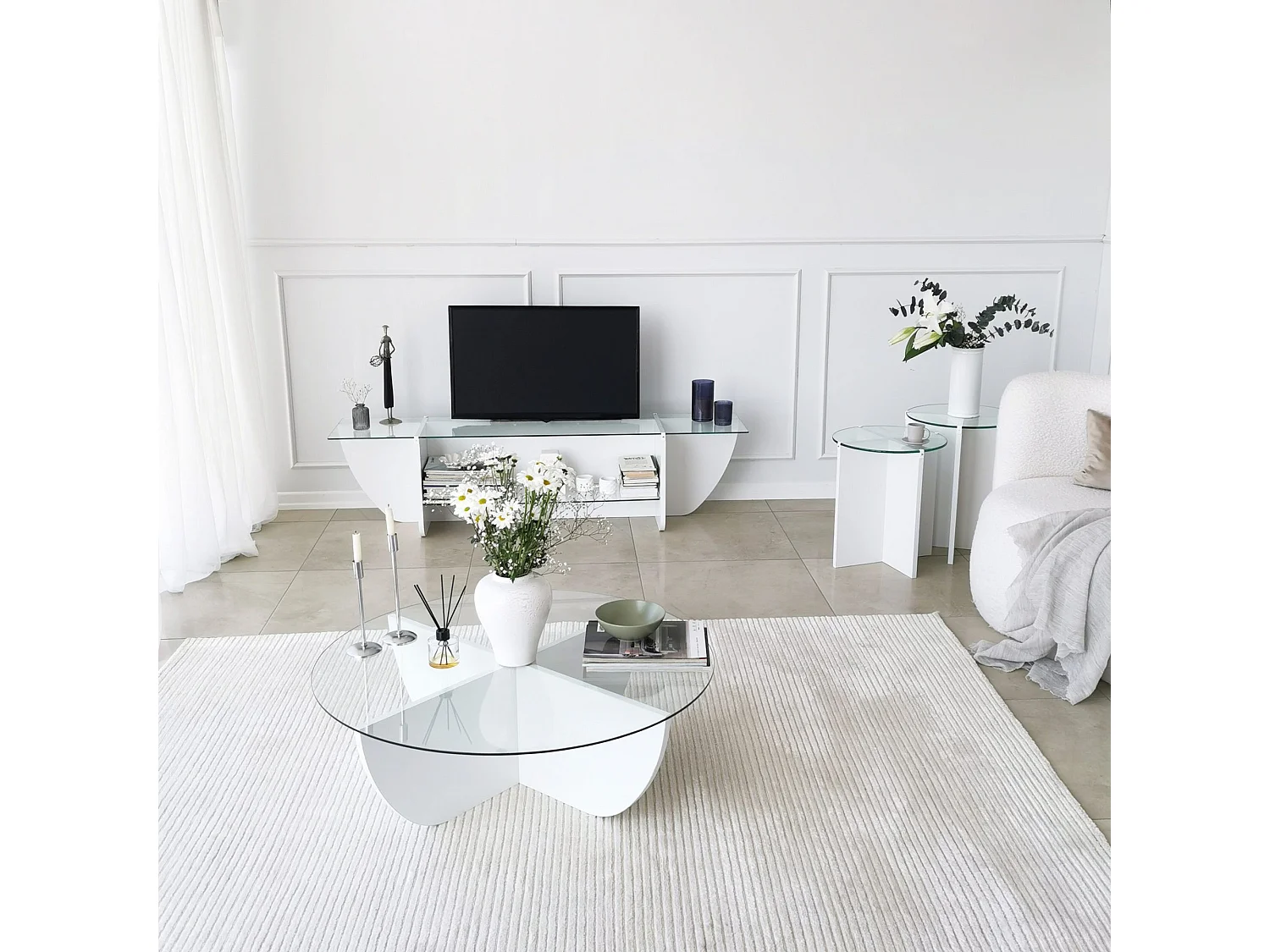 Meuble TV Sunac L158cm Verre Transparent et Bois Blanc