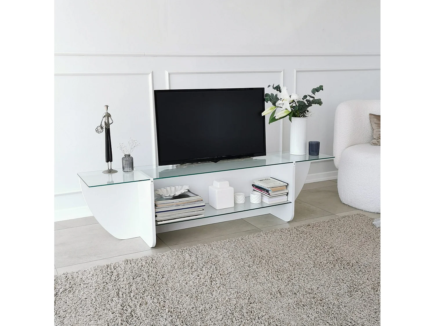 Meuble TV Sunac L158cm Verre Transparent et Bois Blanc