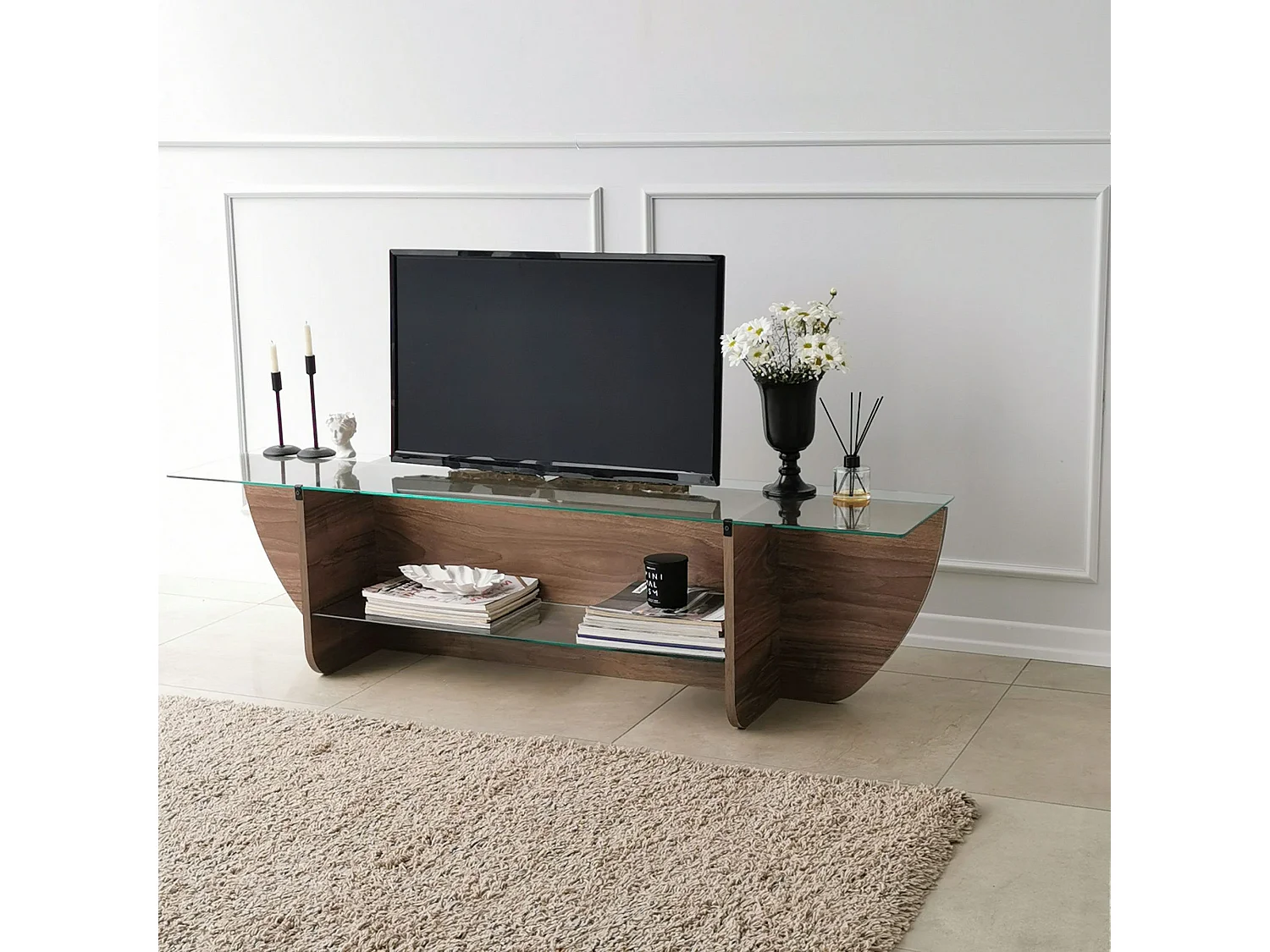 Meuble TV Sunac L158cm Verre Transparent et Bois foncé