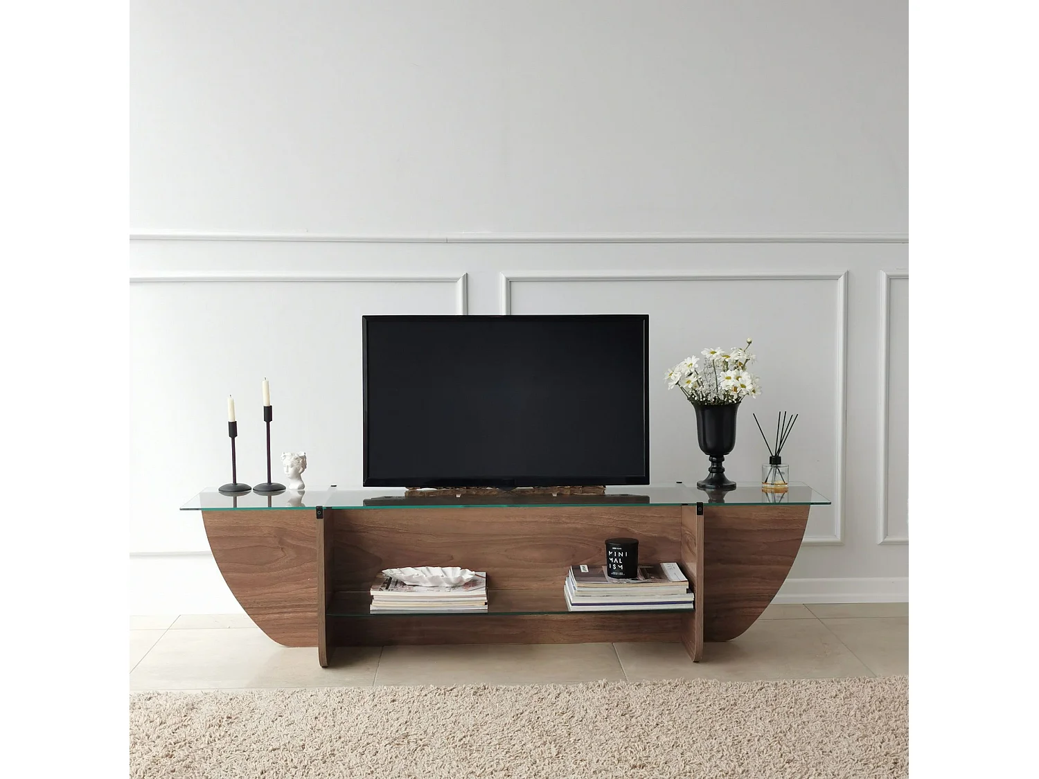 Meuble TV Sunac L158cm Verre Transparent et Bois foncé