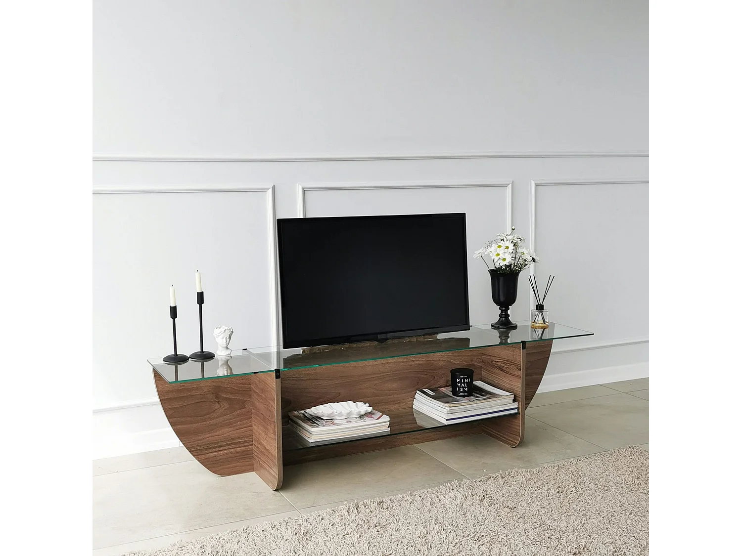 Meuble TV Sunac L158cm Verre Transparent et Bois foncé