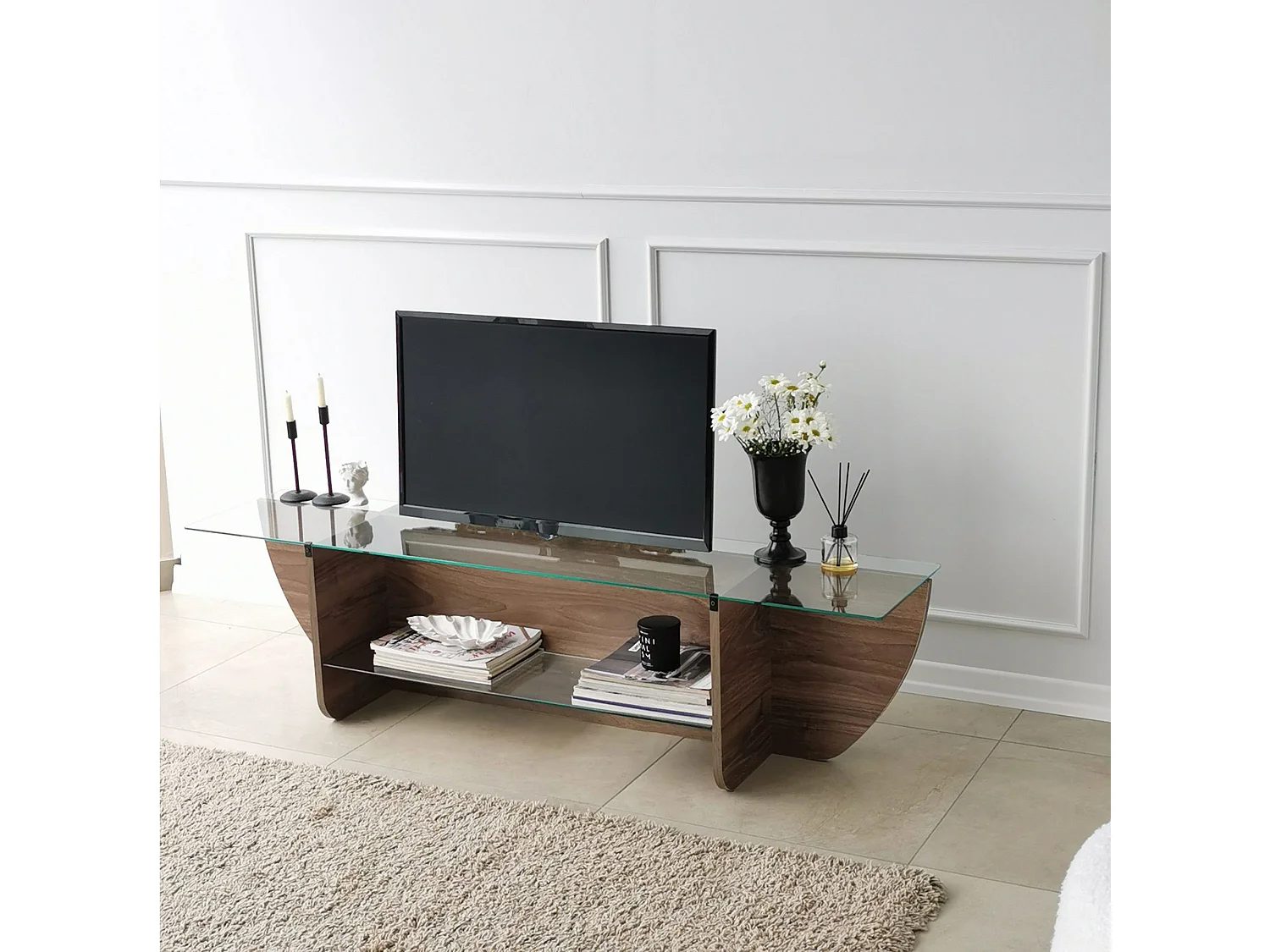 Meuble TV Sunac L158cm Verre Transparent et Bois foncé