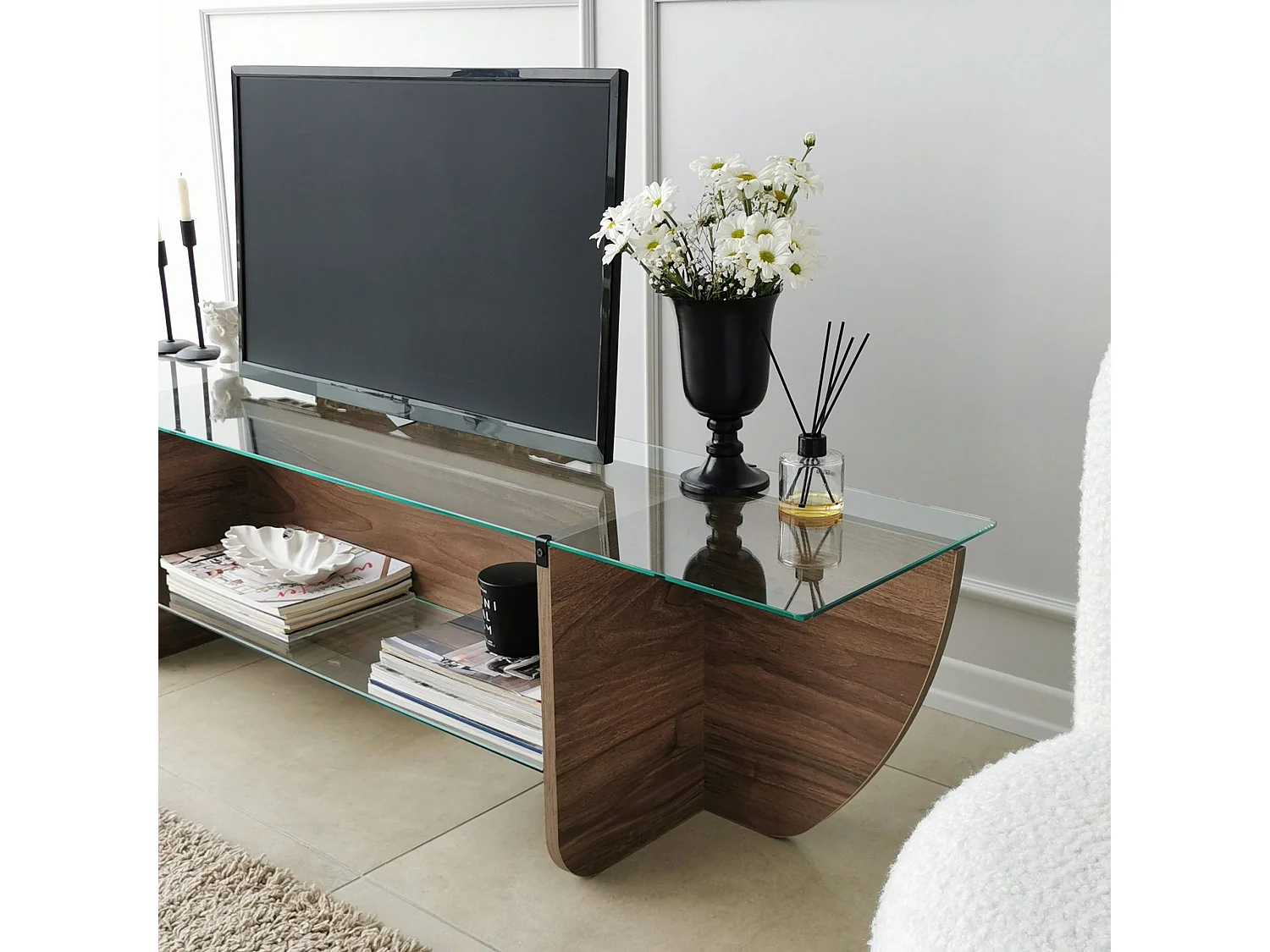 Meuble TV Sunac L158cm Verre Transparent et Bois foncé