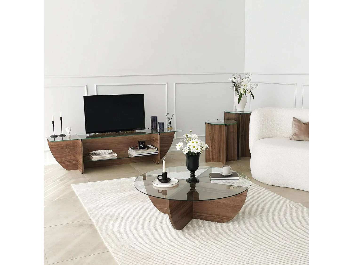 Meuble TV Sunac L158cm Verre Transparent et Bois foncé