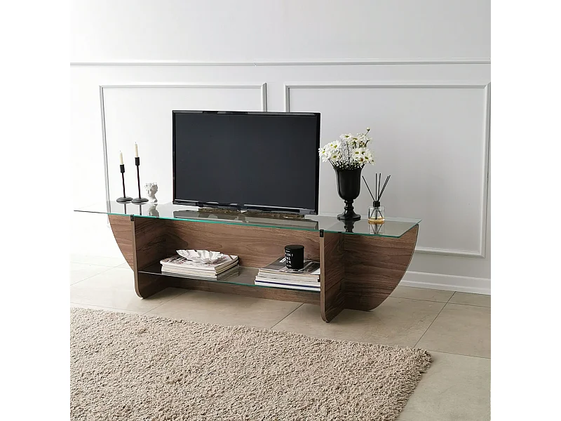 Meuble TV Sunac L158cm Verre Transparent et Bois foncé