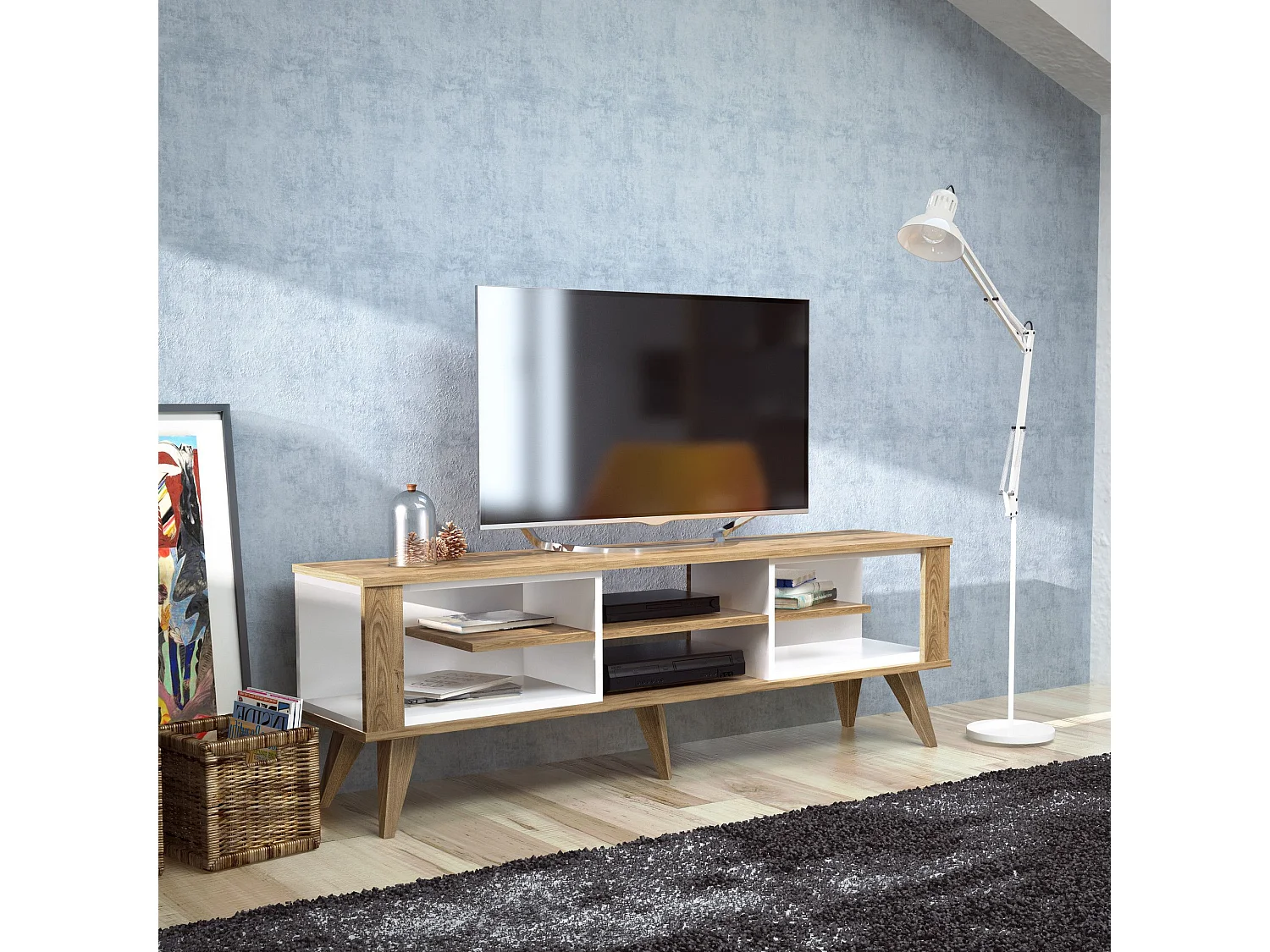 Meuble TV Style scandinave Conio L160cm Blanc et Chêne clair