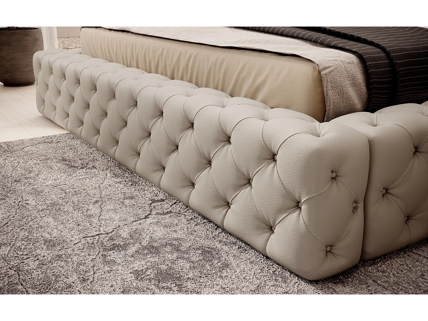 Lit design avec tête de lit et coffre capitonné simili cuir beige Prince-180x200