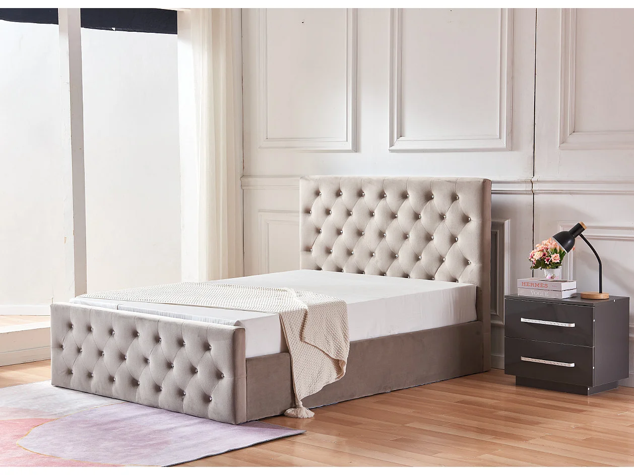 Lit coffre capitonné velours Korry-Couleur Beige-160x200