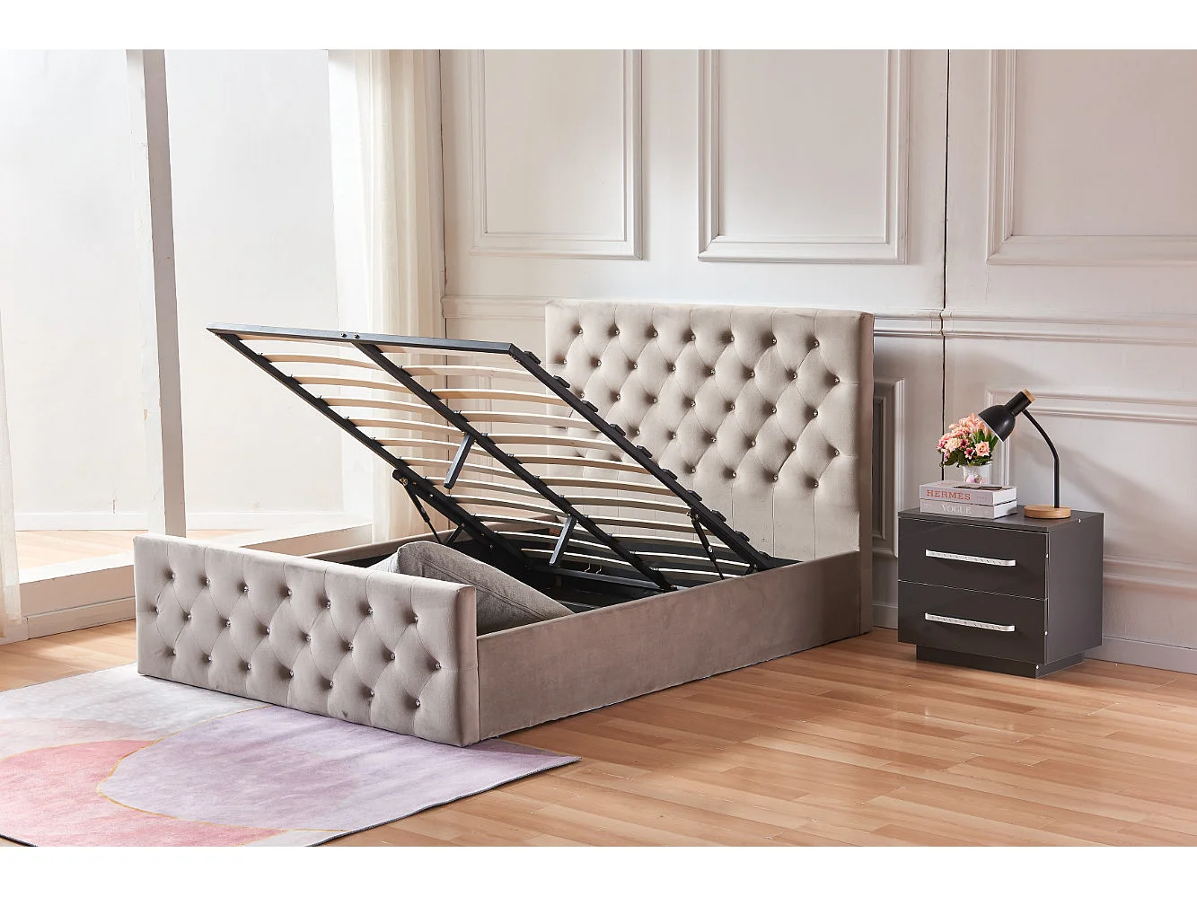 Lit coffre capitonné velours Korry-Couleur Beige-160x200