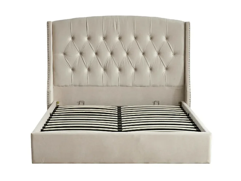 Lit coffre capitonné losange velours Vazal-Couleur Beige-180x200