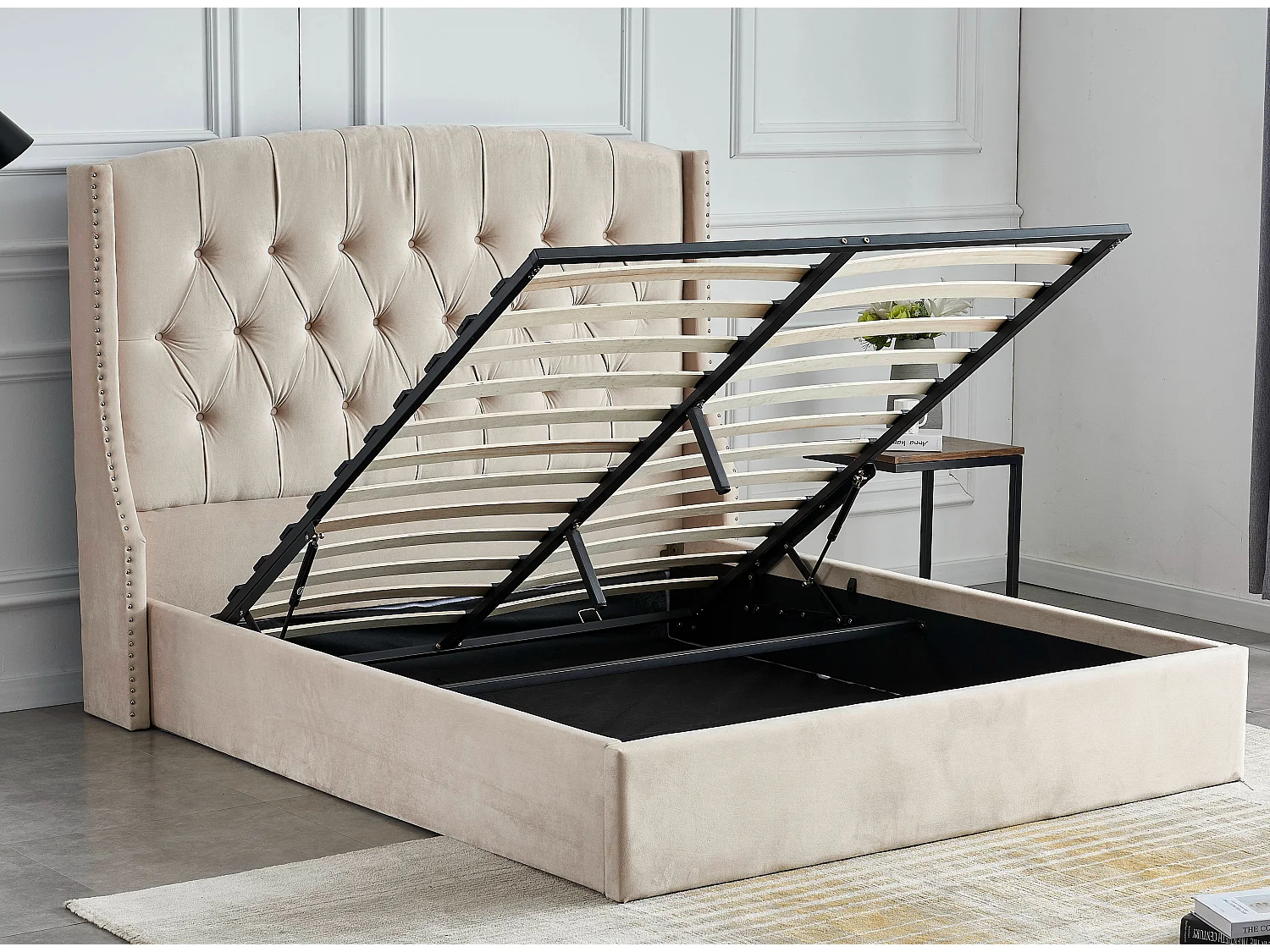 Lit coffre capitonné losange velours Vazal-Couleur Beige-180x200