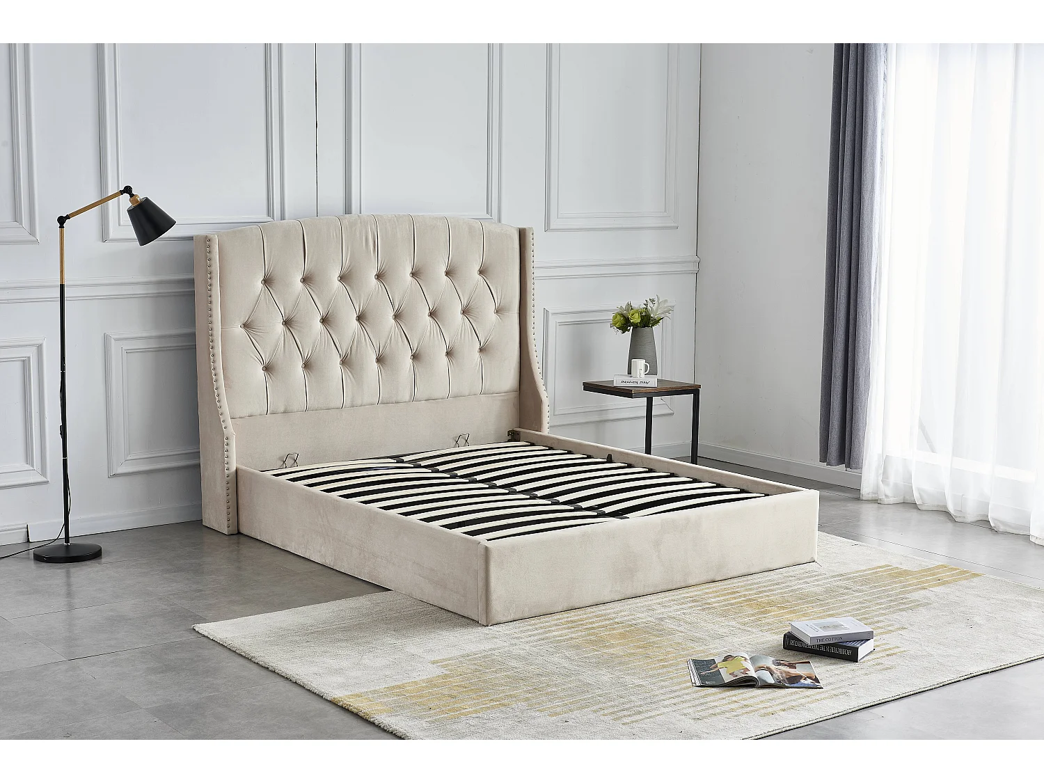 Lit coffre capitonné losange velours Vazal-Couleur Beige-180x200