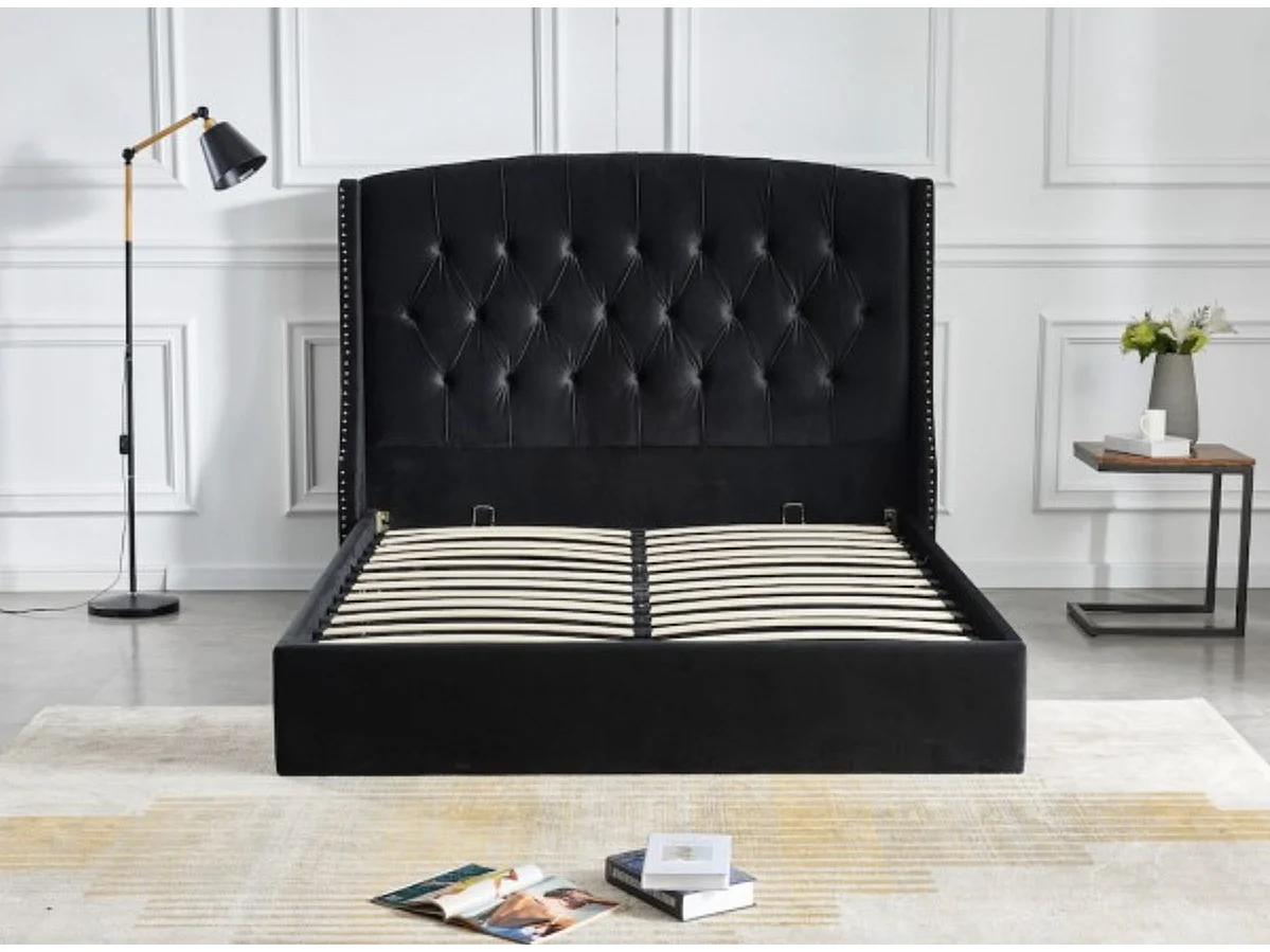 Lit coffre capitonné losange velours Vazal-Couleur Noir-160x200