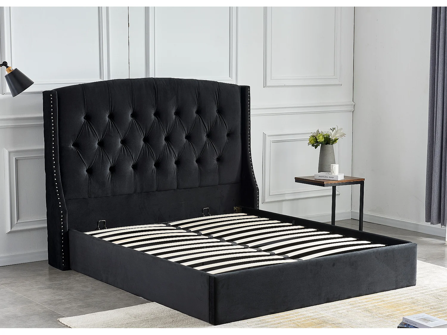 Lit coffre capitonné losange velours Vazal-Couleur Noir-160x200