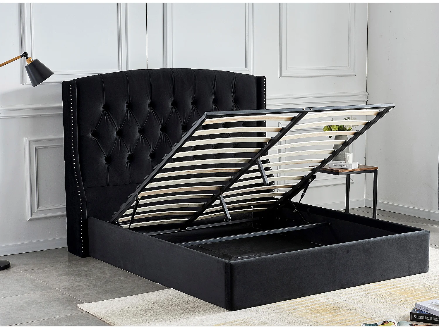 Lit coffre capitonné losange velours Vazal-Couleur Noir-180x200