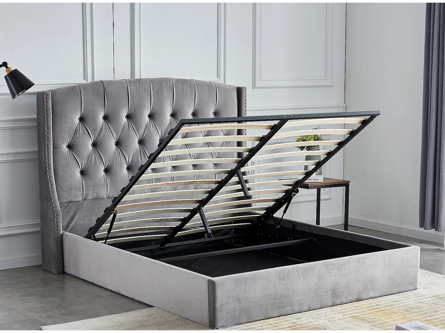 Lit coffre capitonné losange velours Vazal-Couleur Gris-160x200