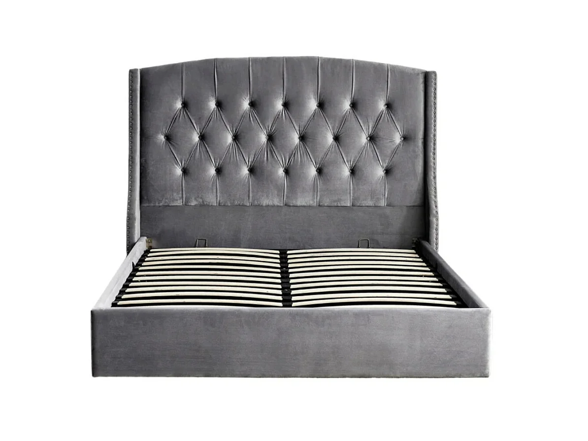 Lit coffre capitonné losange velours Vazal-Couleur Gris-160x200