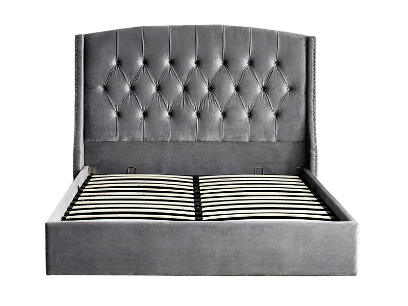 Lit coffre capitonné losange velours Vazal-Couleur Gris-160x200