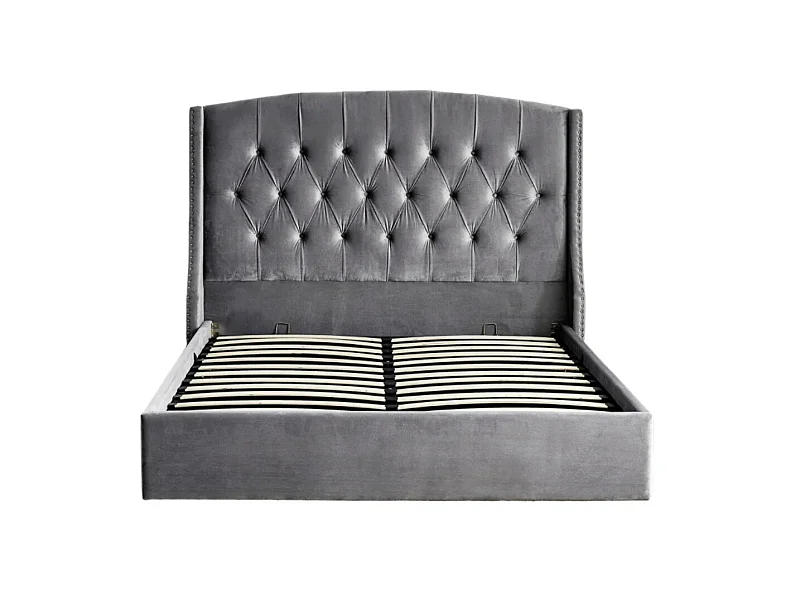 Lit coffre capitonné losange velours Vazal-Couleur Gris-180x200