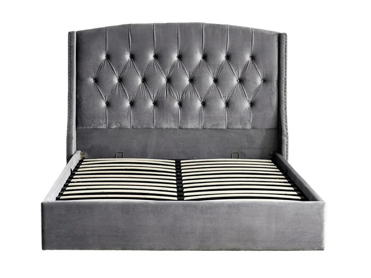 Lit coffre capitonné losange velours Vazal-Couleur Gris-180x200