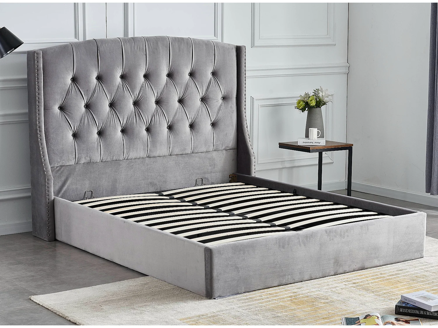 Lit coffre capitonné losange velours Vazal-Couleur Gris-180x200