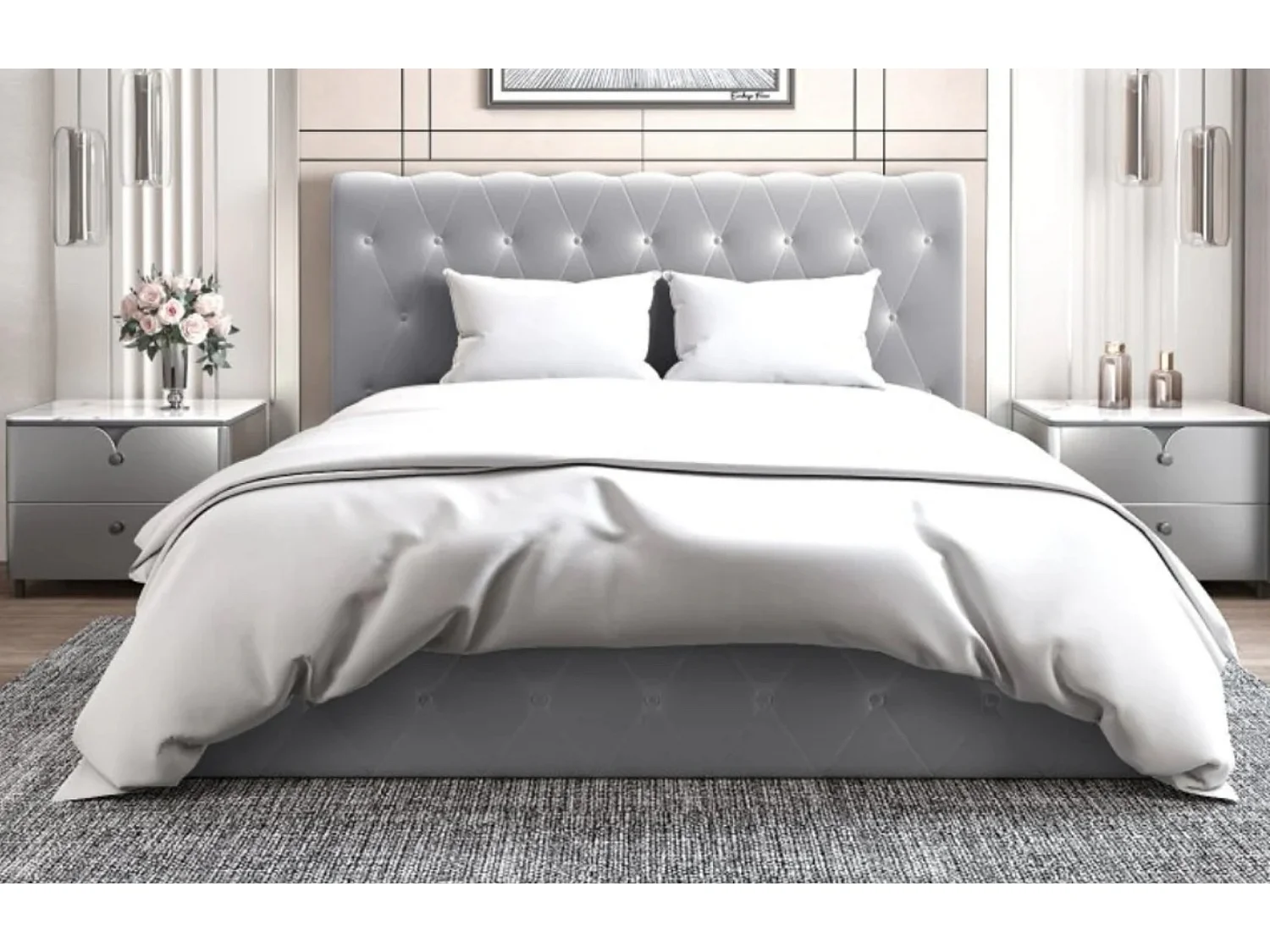 Lit coffre capitonné velours Korzi-Couleur Gris-160x200