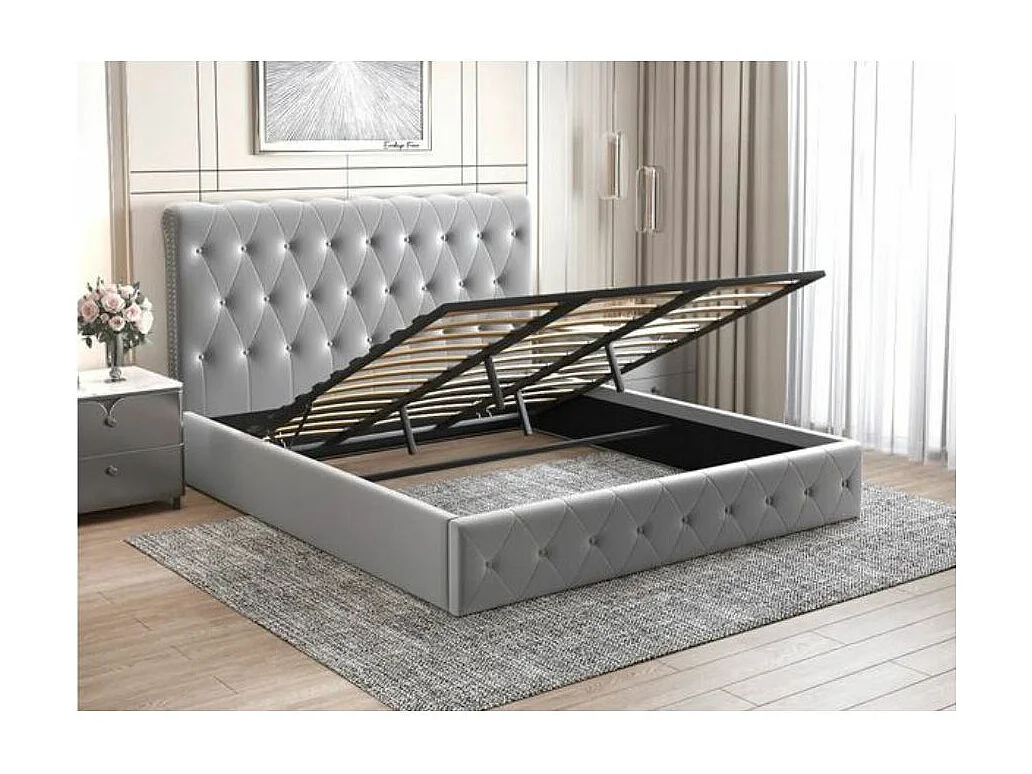 Lit coffre capitonné velours Korzi-Couleur Gris-160x200