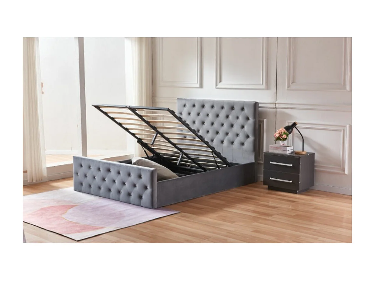 Lit coffre capitonné velours Korry-Couleur Gris-140x190