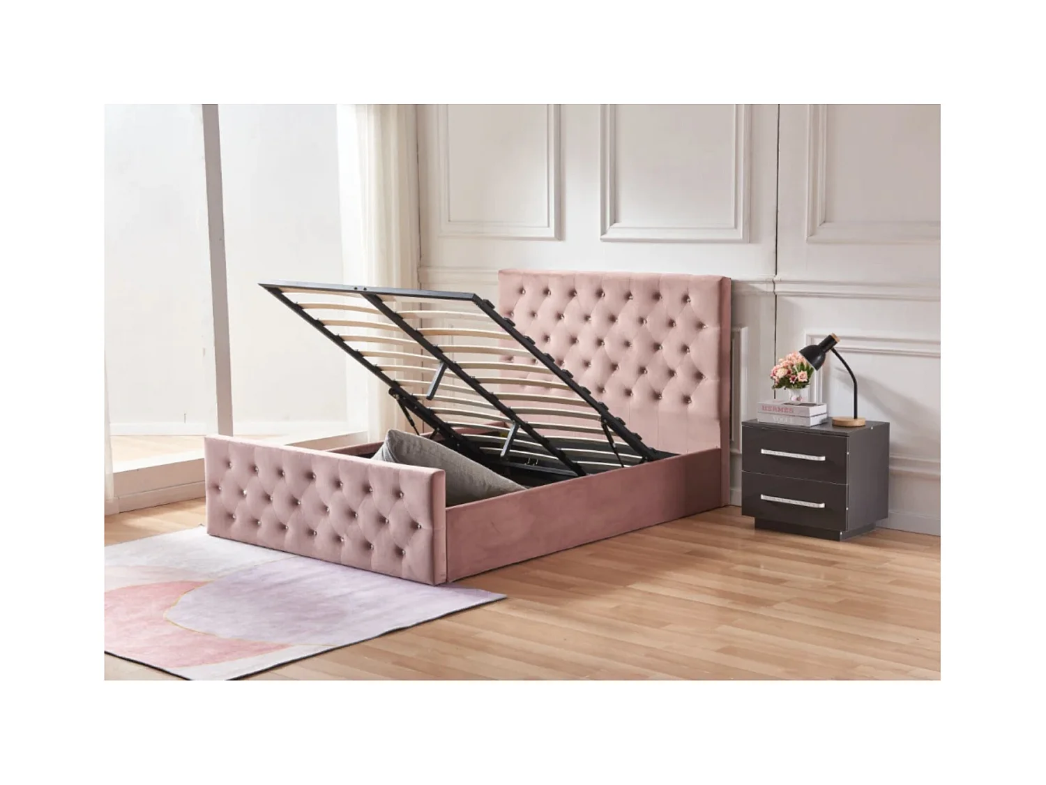 Lit coffre capitonné velours Korry-Couleur Gris-140x190