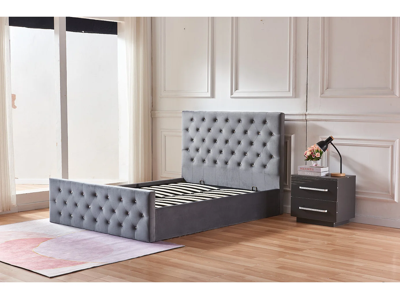 Lit coffre capitonné velours Korry-Couleur Gris-140x190