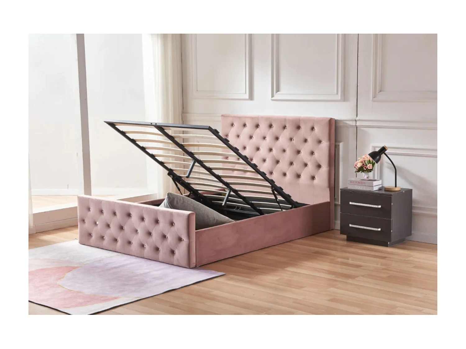 Lit coffre capitonné velours Korry-Couleur Gris-140x190