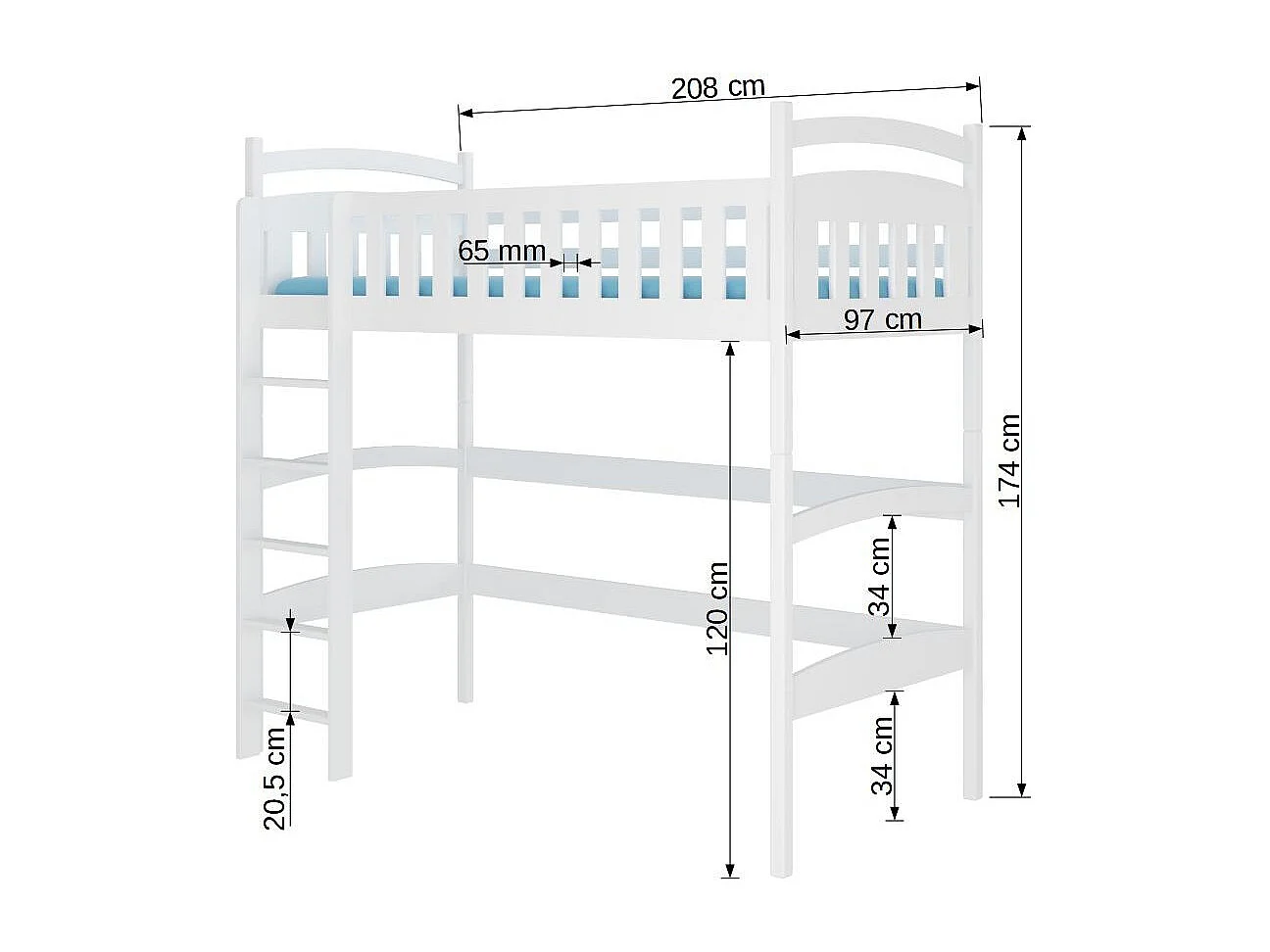 Lit enfant mezzanine bois de pin blanc 90x200 Mikola