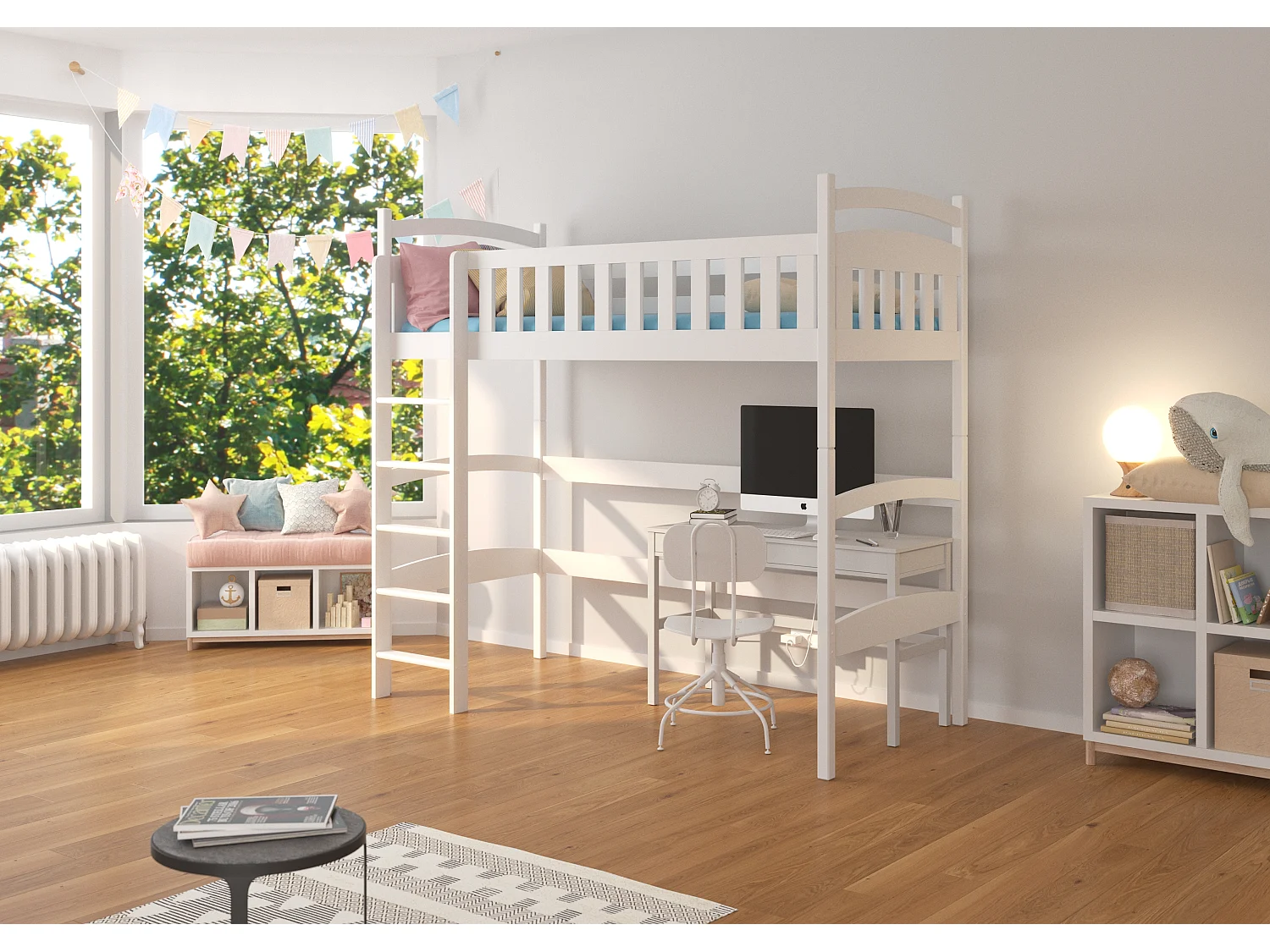 Lit enfant mezzanine bois de pin blanc 90x200 Mikola