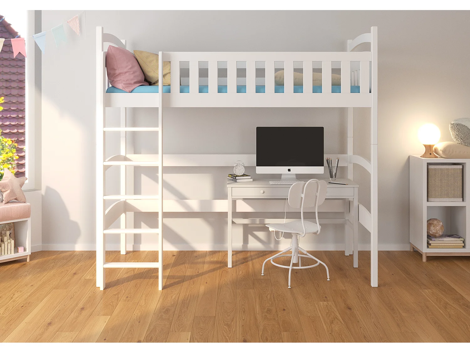 Lit enfant mezzanine bois de pin blanc 90x200 Mikola
